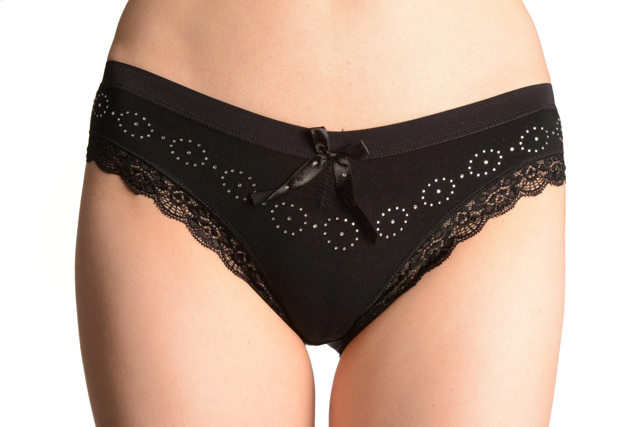 Soft Cotton With Crystal Circles Black High Leg Brazilian