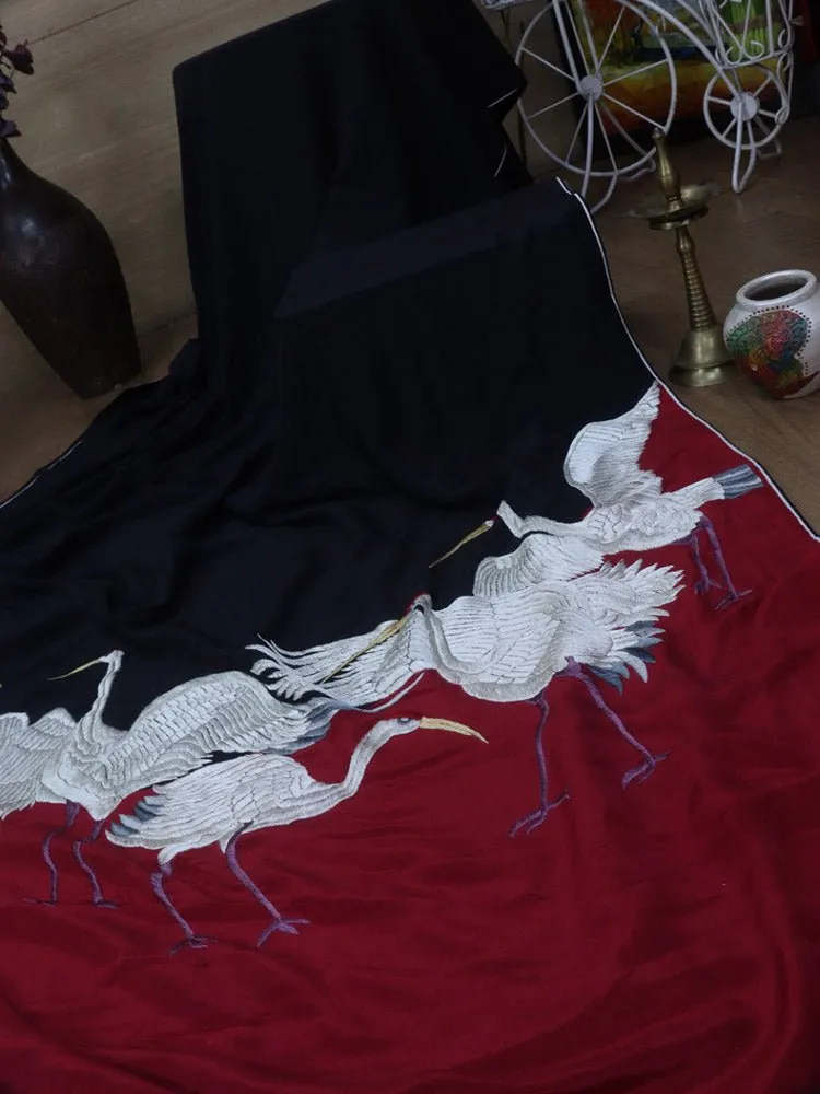 Stunning Black & Red Parsi Gara Saree with Hand Embroidered Bird Design on Pure Crepe Fabric