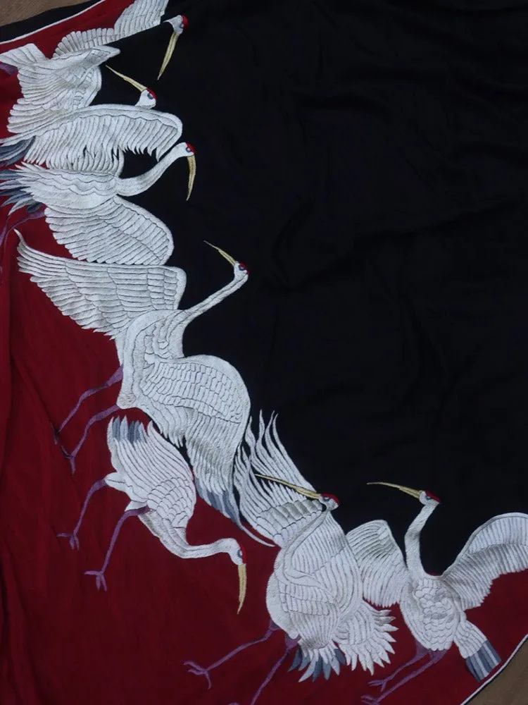 Stunning Black & Red Parsi Gara Saree with Hand Embroidered Bird Design on Pure Crepe Fabric
