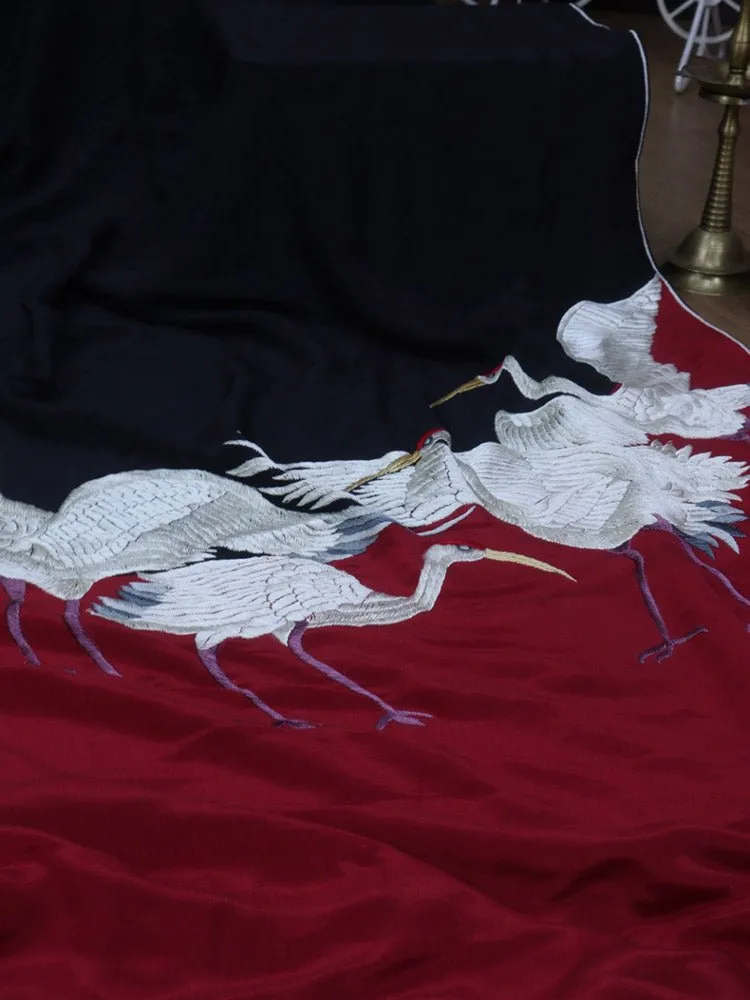 Stunning Black & Red Parsi Gara Saree with Hand Embroidered Bird Design on Pure Crepe Fabric