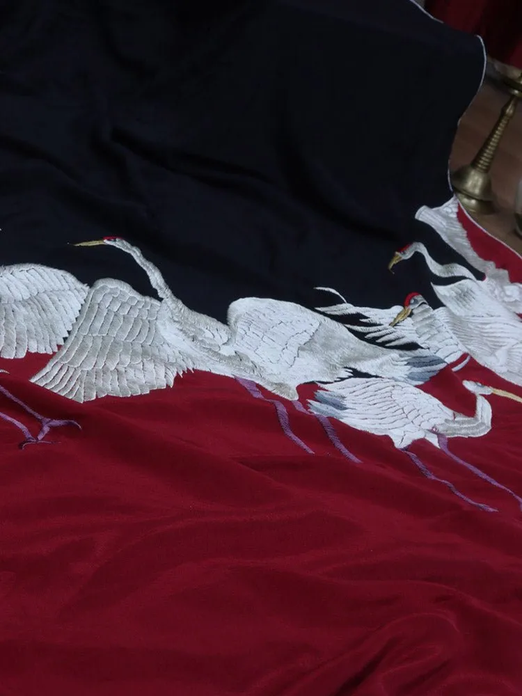 Stunning Black & Red Parsi Gara Saree with Hand Embroidered Bird Design on Pure Crepe Fabric