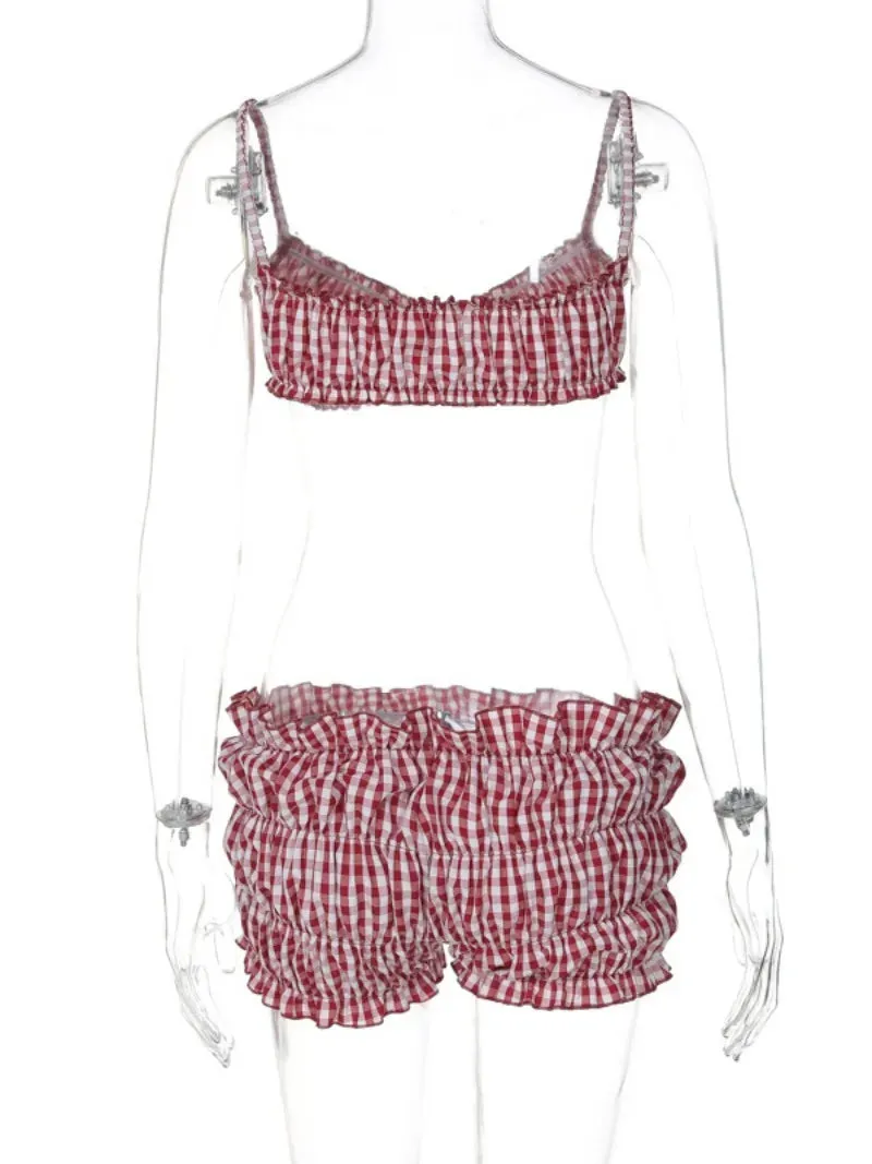 TAVIMART  -  Red Pleated Bikinis Sets Summer Sexy Bras and Low Waist Shorts Two-piece Swimsuits Women's Trend Swimwear Bathing Suit