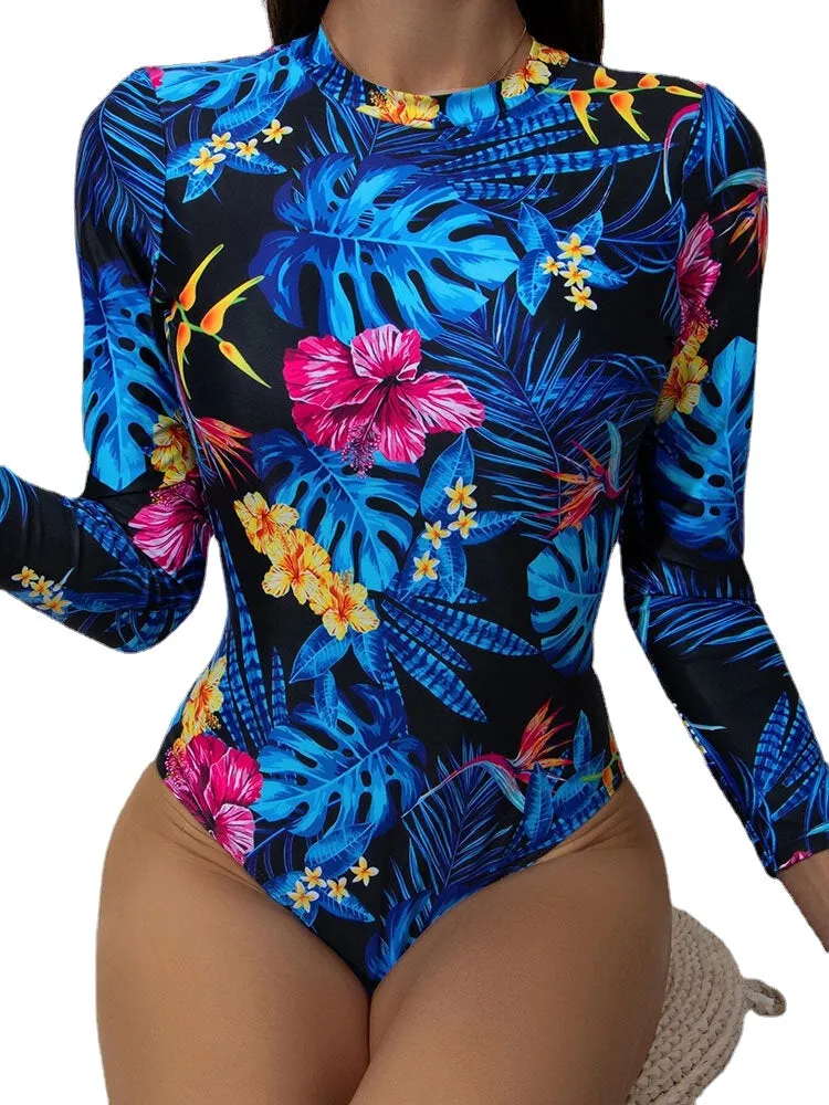 Tropical Leaves Print High Neck Backless Long Sleeve Slimming One Piece Women Swimwear