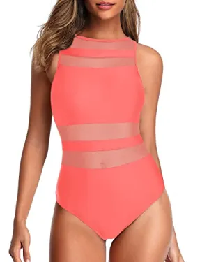 Unique Mesh Patchwork One Piece Swimsuits For Women-Coral Pink