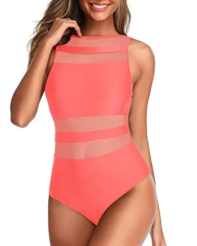 Unique Mesh Patchwork One Piece Swimsuits For Women-Coral Pink