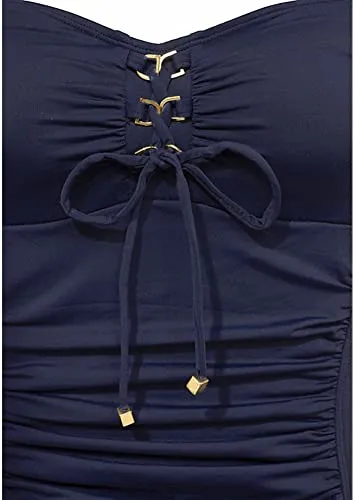 Upopby Belly Pleated One-piece Swimsuit Solid Suit