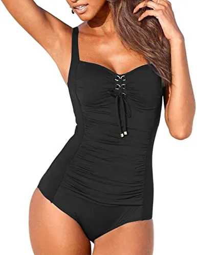 Upopby Belly Pleated One-piece Swimsuit Solid Suit