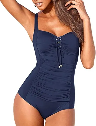 Upopby Belly Pleated One-piece Swimsuit Solid Suit