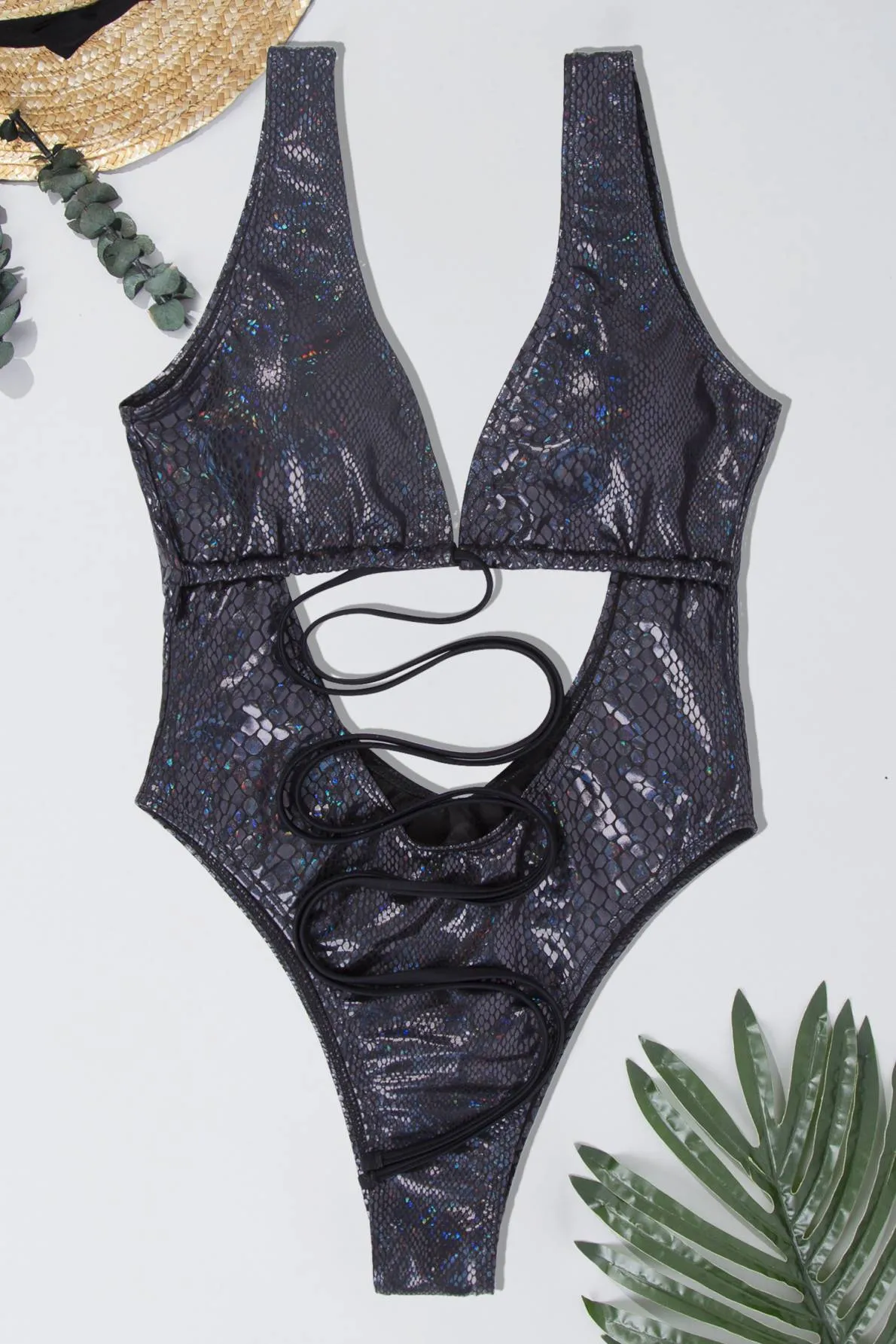Upopby Snakeskin Hollow Backless One Piece Swimsuit