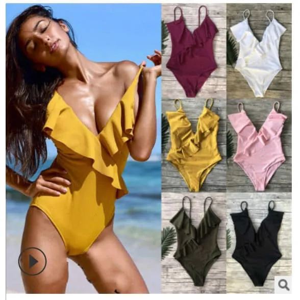 V-Neck Criss Cross Front Ruffle Trim Swimsuit