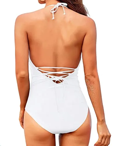 V Neck Halter One Piece Swimsuit For Women Plunge V Neck Push Up Swimwear-White