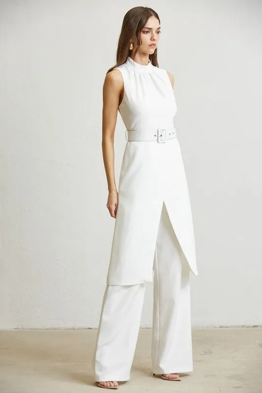 White Highneck Long-Bodice Top & Pant Set