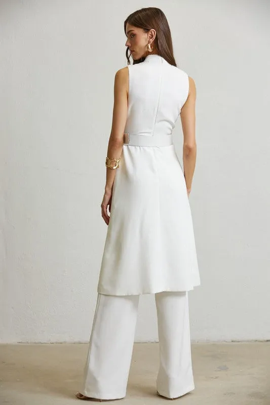 White Highneck Long-Bodice Top & Pant Set
