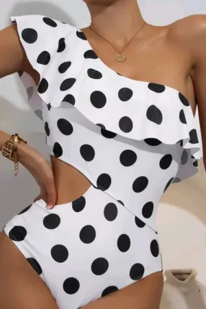 White Polka Dot Ruffled One Shoulder One Piece Swimwear