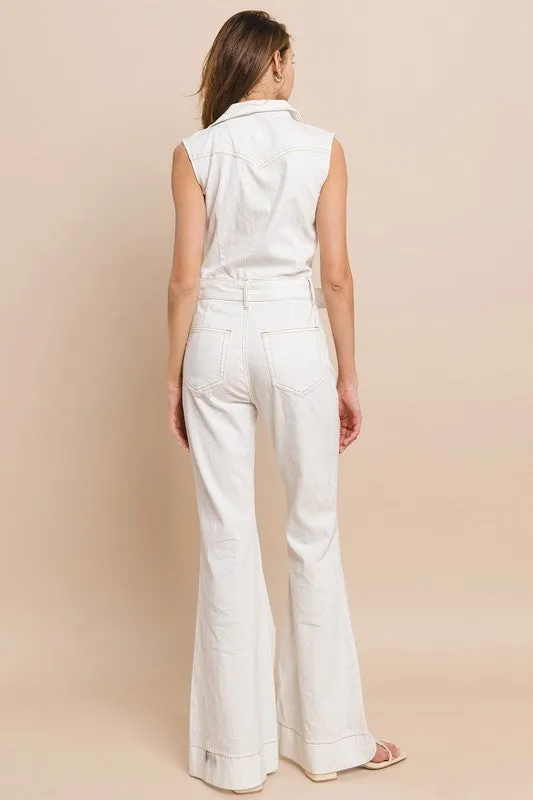 White Sleeveless Belted Long Denim Jumpsuit