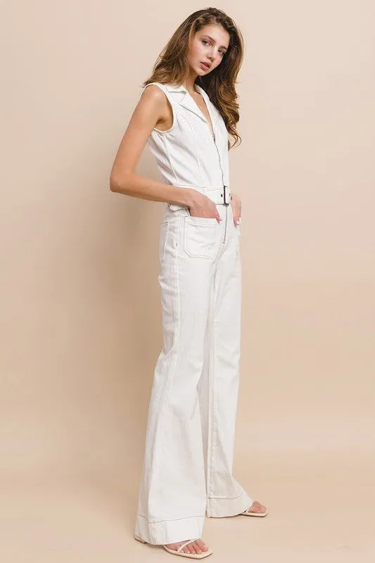 White Sleeveless Belted Long Denim Jumpsuit