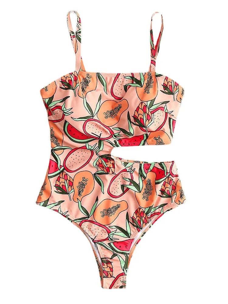 Women Cartoon Fruit Print Cut Out Adjustable Straps One Piece Beach Swimwear