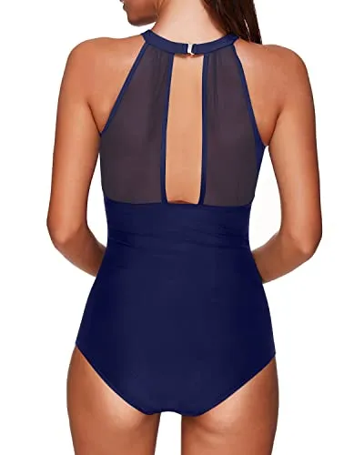 Women One Piece Swimsuit High Neck Tummy Control Halter Mesh Swimwear