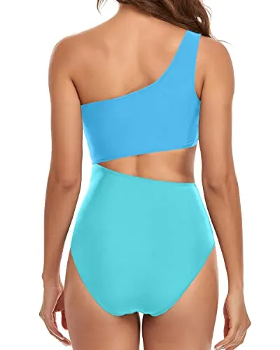 Women's High Waisted One Piece Cutout One Shoulder Swimsuit-Blue And Blue