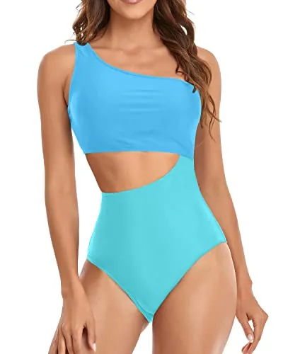 Women's High Waisted One Piece Cutout One Shoulder Swimsuit-Blue And Blue
