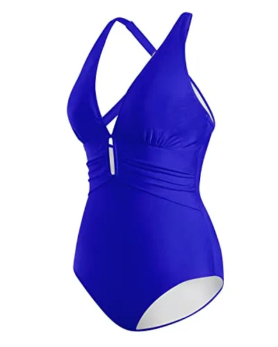 Women's Keyhole Ruched Criss Cross One Piece Swimsuit-Royal Blue