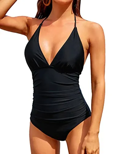 Women's Strapless Ruched Tummy Control Swimsuits-Black