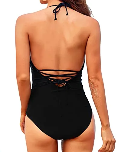 Women's Strapless Ruched Tummy Control Swimsuits-Black