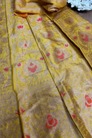 Yellow Banarasi Pure Katan Silk Unstitched Lehenga