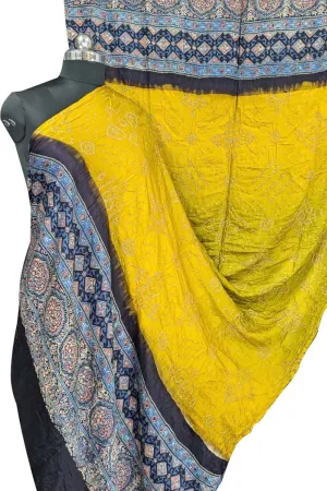 Yellow Bandhani Ajrakh Gajji Silk Dupatta