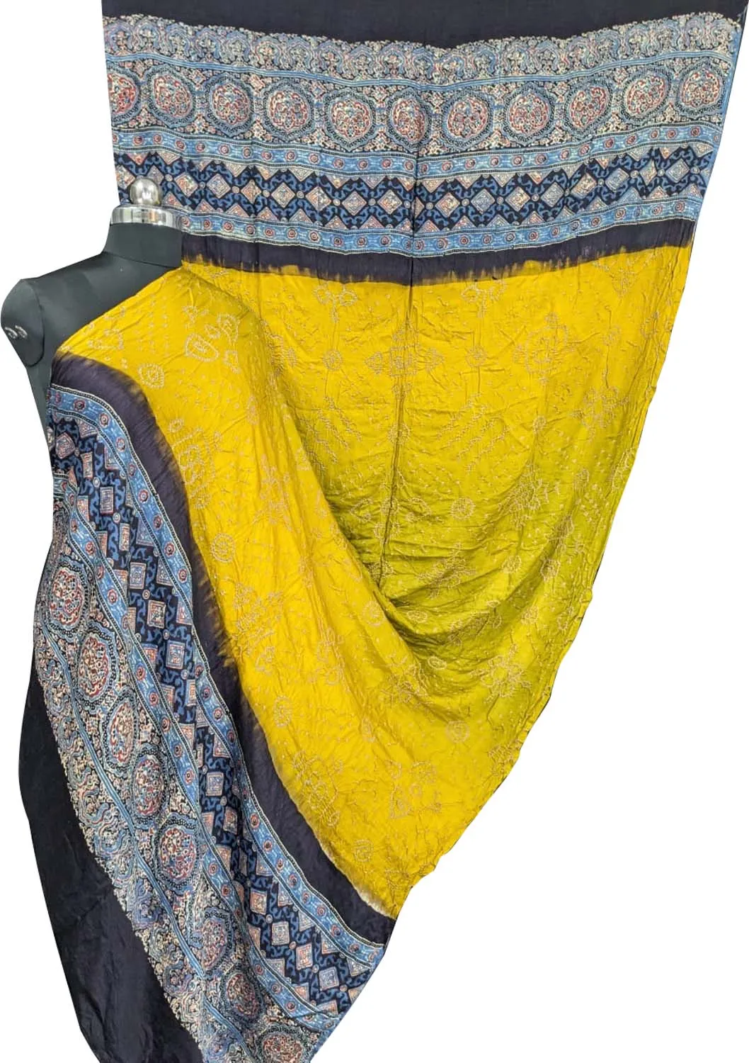 Yellow Bandhani Ajrakh Gajji Silk Dupatta